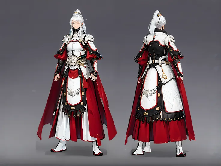 a white-haired woman，professional knight，wearing white and red armor，standing posture