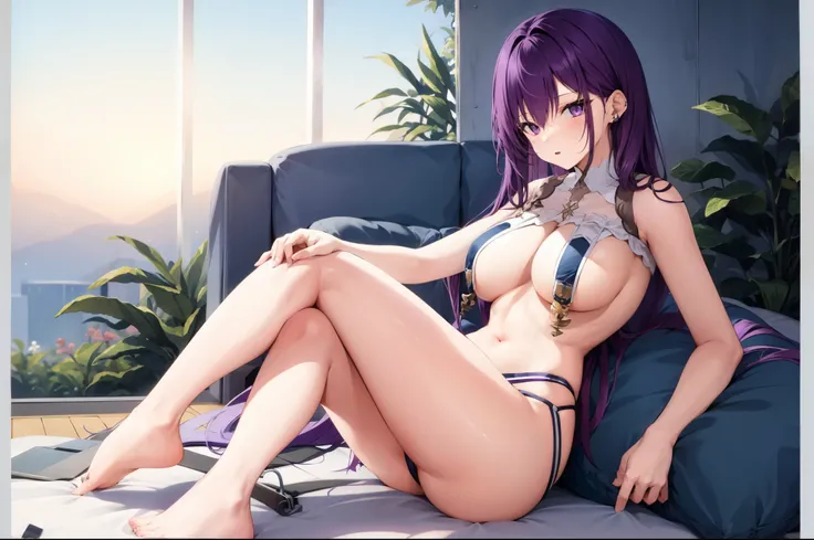 purple hair，teenage girl，Big breasts