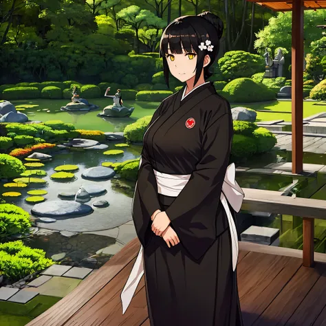 a woman with black hair, yellow eyes in a japanese garden