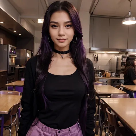 1 girl, young, 17y, extremely beautiful, long purple hair, Asian, lots of makeup, stylish black and purple clothes, earrings, mischievous smile, manipulative, superior, rich, choker, school cafeteria, from the front, walking