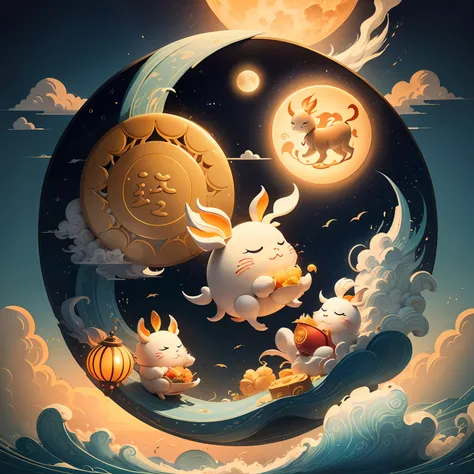 Mid-Autumn Festival Chang&#39;e Flying to the Moon Jade Rabbit Mooncake Crane Xiangyun Country Trendy Illustration-Car