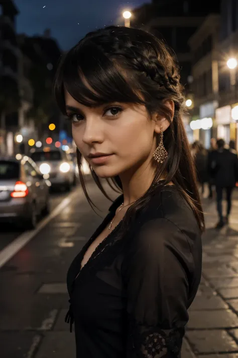 ((Mejor calidad)), ((Obra maestra)), (detallado), cara perfecta,, ((Mejor calidad)), ((Obra maestra)), (detallado), cara perfecta,, gothic girl with hair bangs, un top corto y una falda plisada negra en cuclillas en la calle por la noche, real, cuerpo ente...