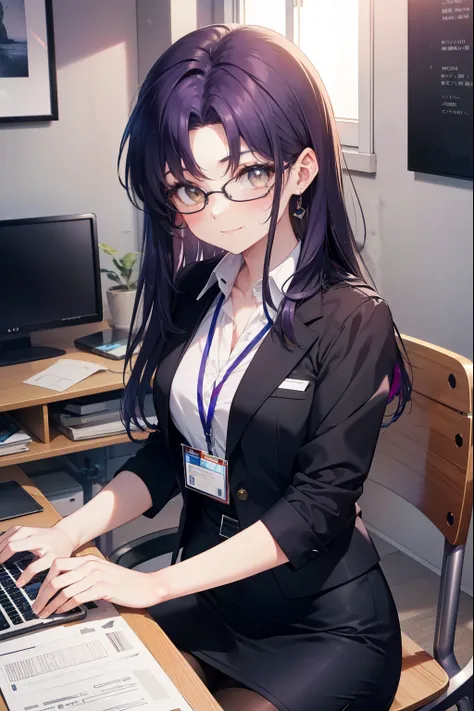 misatokatsuragi, misato katsuragi, long hair, (brown eyes:1.5), blue hair, (purple hair:1.2),ol, red glasses, end, black suit ja...