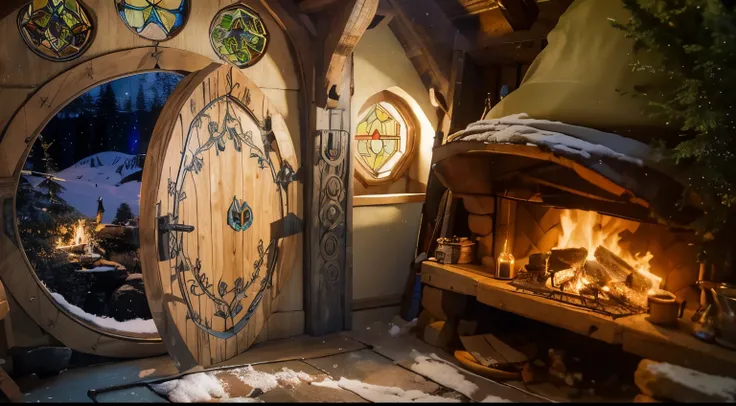 large fireplace at hobbit wooden house. Its winter and night, snow is out there of the door. A room full of objects, a table with goods, kettle and coffe cup, a bookshel aside the fireplace, and at the end, a pretty stained glass, a room of detailed object...