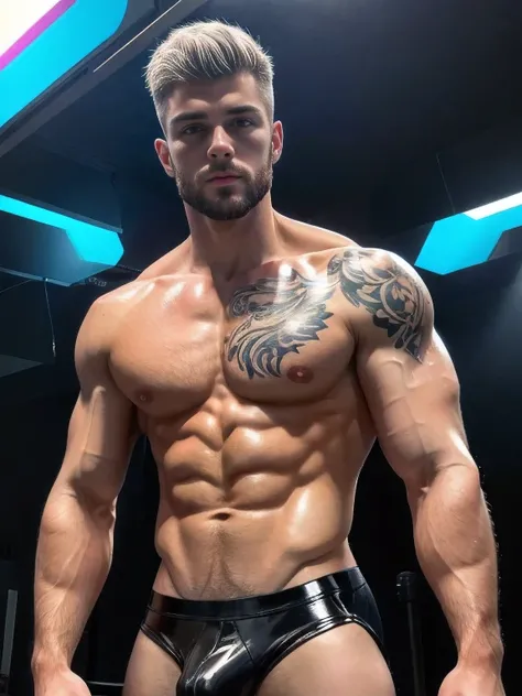 masterpiece, best quality, high resolution, male focus, solo focus, muscular, burly, tattooed, hairy, male, a handsome man, 17 years old, no shirt, chest exposed, hairy chest, facial hair, white hair, in a nightclub , neon lights, amazing composition, fron...