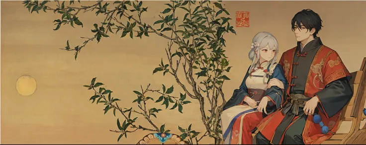 A painting of a man and a woman sitting on a park bench, Qing Dynasty painting, Qing Dynasty, Emperor Xuande, Wearing ancient Chinese clothing, Song, old chinese painting, inspired Emperor Xuande, Chinese Arts, ancient chinese beauties, qi sheng luo, Inspi...