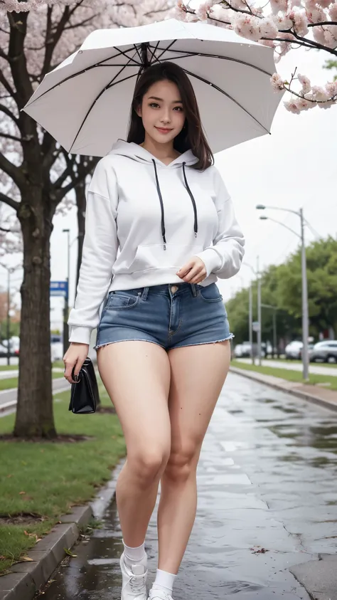 high quality,8K,high resolution,woman,1 personality,tall,realistic texture,cute smile,(),(white hoodie),(denim hot pants 2),(Thick thighs 2),cherry blossoms,rain,Vinyl umbrella,,