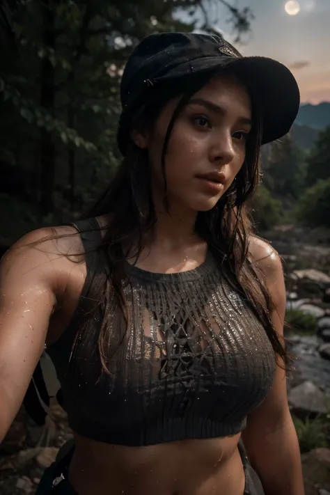 1 woman, amazonian build, sultry look, wet and sweaty ((upper body selfie, happy)), beautiful backlight, show biceps,masterpiece, best quality, ultra-detailed, solo, outdoors, (night), mountains, nature, (stars, moon) cheerful, happy, backpack, sleeping ba...