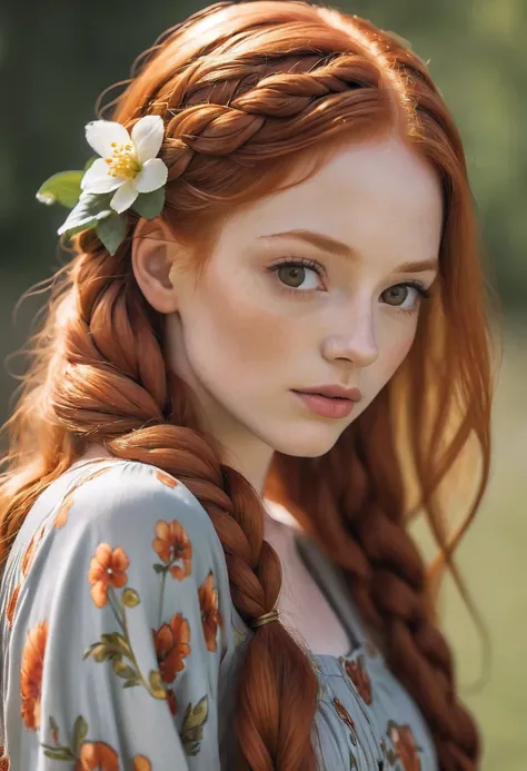 a close up of a woman with long red hair wearing a floral dress, flowing ginger hair, she is redhead, redhead girl, complex redhead braided hair, ginger hair, red braided hair, redhead woman, beautiful redhead woman, long braided orange red hair, monia mer...