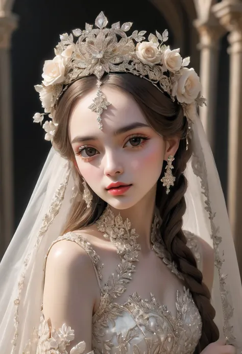 a woman wearing a wedding veil and a tiable with a flower headpiece, amazing flower tiara, breathtaking flower tiara, intricate flower tiara, flower tiara, wearing tiara, with small studded earings, intricate ornamented tiara, intricate detailed tiara, wea...