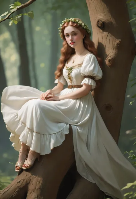 arafed woman in a white dress sitting on a tree trunk, a picture inspired by Konstantin Somov, tumblr, pre-raphaelitism, in a high renaissance style, beautiful maiden, 🌺 cgsociety, as a medieval fantasy character, medieval dress. witch, beautiful fantasy m...