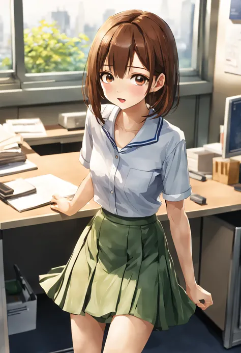 woman working at desk, girl,shortcut、 Real 25 year old idol,medium long skirt、 美しいアニメのgirl, loose clothing, perfect expression, young slender、