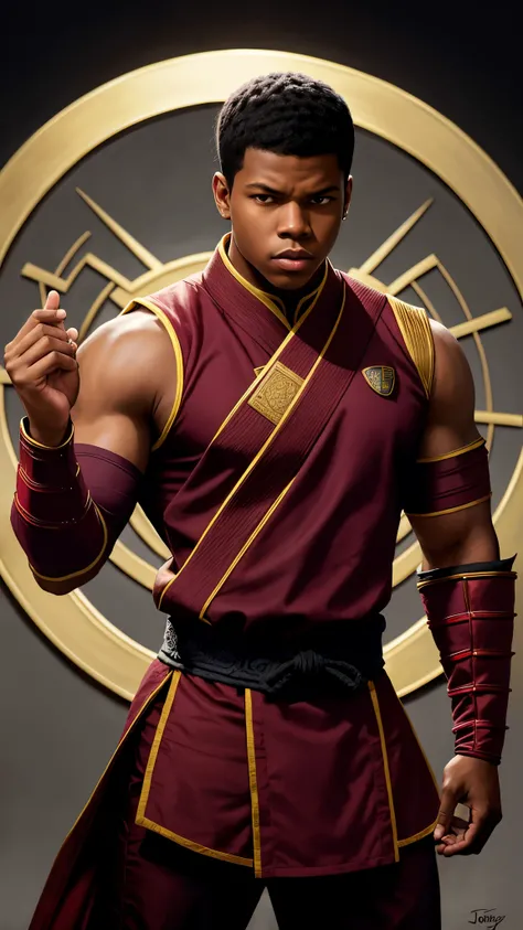 John Boyega as Kai from Mortal Kombat, muscular, short hair, maroon headband, wears maroon traditional martial arts outfit, his clothing feature the emblem of the White Lotus Society, in the monastery, 1man, solo, intricate, high detail, sharp focus, drama...