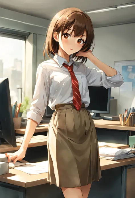 woman working at desk, girl,shortcut、medium long skirt、 美しいアニメのgirl, loose clothing, perfect expression, young slender