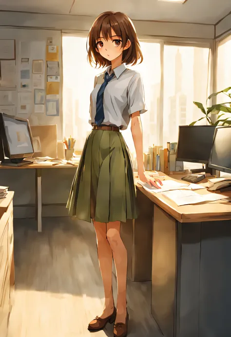 woman working at desk, girl,shortcut、medium long skirt、 美しいアニメのgirl, loose clothing, perfect expression, young slender