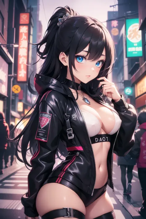 (capture the allure and charm of a cute and sexy anime character, with expressions that blend innocence and seduction, adorned in street style clothing that exudes modernity and individuality, posing against the backdrop of a gritty urban landscape, bathed...