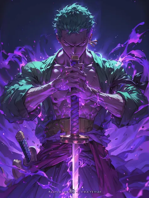 (best quality, highres:1.2, ultra-detailed, realistic:1.37), anime style, roronoa zoro, focuses purple flame haki-energy in swor...