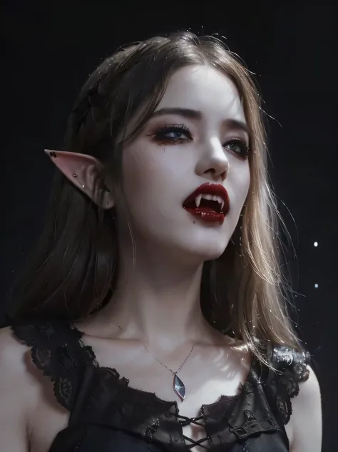 ((masterpiece、highest quality、Super detailed、High resolution、photorealistic、realistic、sharp focus、cinematic lighting))、Portrait of a female elf standing inside a castle、bust shot、focus from the chest up、high contrast、low brightness、beautiful female vampire...