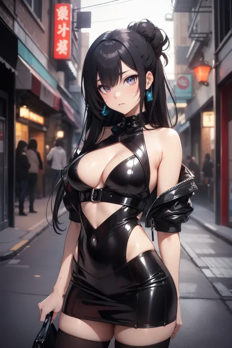 (capture the allure and charm of a cute and sexy anime character, with expressions that blend innocence and seduction, adorned in street style clothing that exudes modernity and individuality, posing against the backdrop of a gritty urban landscape, bathed...