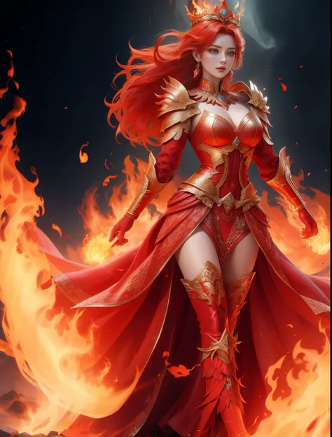 high resolution、Ultra-dense、beautiful、digital art、 goddess of fire, Fire Queen, appears as the goddess of fire, hot goddess of fire, fire magician, goddess of fire, fire address,Delicate dresses、 Red-haired queen wearing heavy red armor, epic fantasy art s...