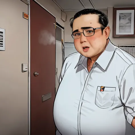 fat man,prayuth,dirty striped bald、  dirty face、sweating、breathing heavily、be sexually excited、cloudy glasses、apartment hallway ...