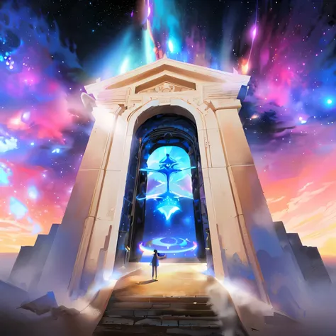 Hay un hombre parado frente a una puerta con una luz al final., portal to the ethereal realm, Puerta de entrada a otro universo, Gateway to another dimension, entrance to the ethereal realm, magic portal in the sky, galactic temple, portal a otro universo,...