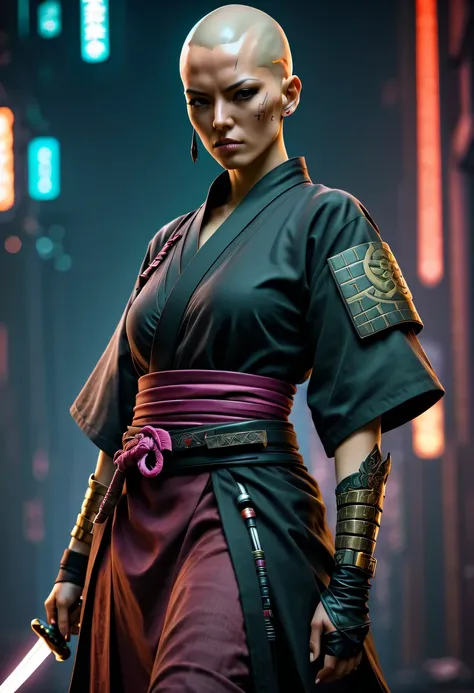 Samurai sword，sh4g0d style cyberpunk female warrior，bald，monk,bushido,robe