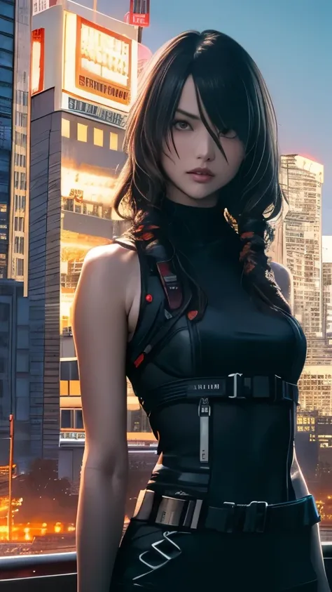 highest quality　long hair woman　sharp eyes　assassin　sleeveless tube top bodysuit（white pattern　Chest exposed）　cyberpunk city at night