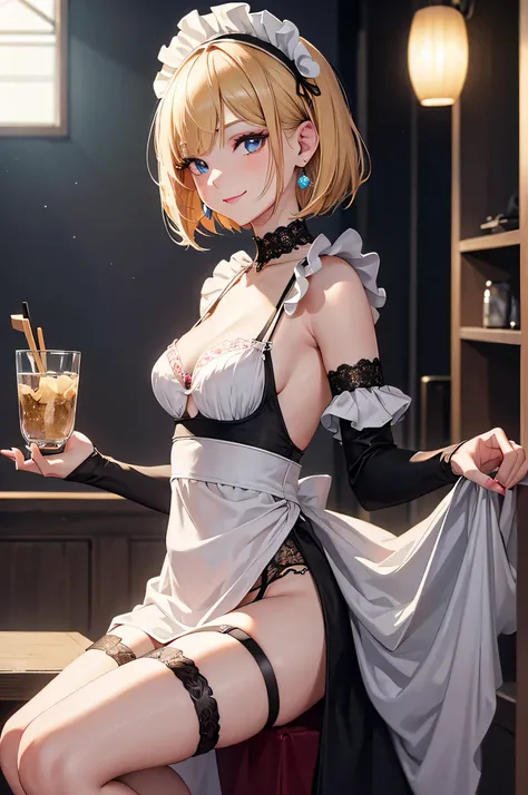 masterpiece, highest resolution, 5000 dpi image, High quality images, One woman, alone, beautiful face, blonde bob cut, red eyeliner, stare, blue eyes, pink lips, wearing earrings, 白と黒のMaid clothes, Maid clothes, masterpiece, HDR, High resolution, highest ...