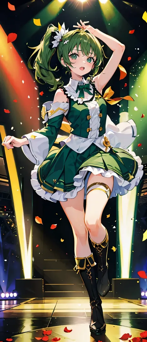 (muste piece), (best quality), very detailed, ((1 girl)), solo full body shot，Viewer&#39;s perspective，dynamic，jump，(smile)，wink，perfect face, beautiful face, very detailedな顔，((dark green hair side ponytail_green eyes:1.3))，Gorgeous idol costumes，ruffle sk...