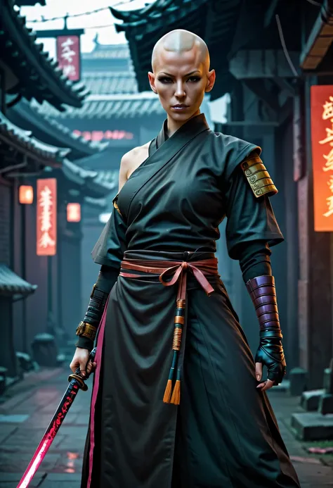 Samurai sword，sh4g0d style cyberpunk female warrior，(bald，monk:1.2),bushido,robe