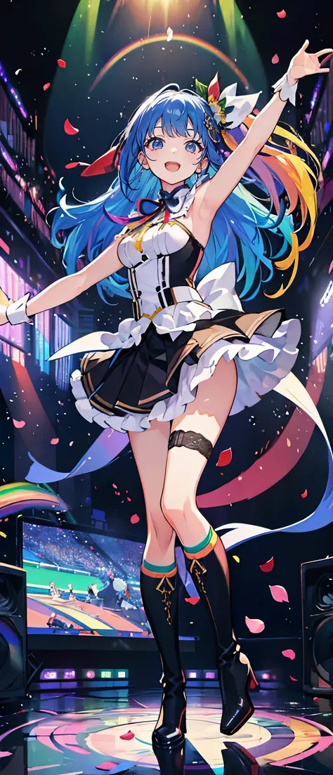 (muste piece), (best quality), very detailed, ((1 girl)), solo full body shot，Viewer&#39;s perspective，dynamic，jump，(smile)，wink，perfect face, beautiful face, very detailedな顔，((rainbow hair long hair_Rainbow Eyes:1.3))，Gorgeous idol costumes，ruffle skirt，s...