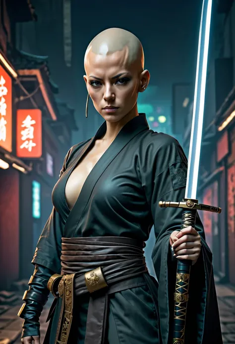 Samurai sword，sh4g0d style cyberpunk female warrior，(bald，monk:1.2),bushido,robe