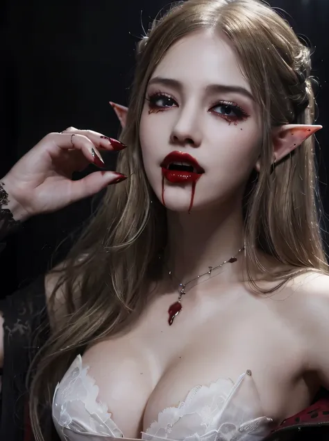 ((masterpiece、highest quality、Super detailed、High resolution、photorealistic、realistic、sharp focus、cinematic lighting))、Portrait of a female elf standing inside a castle、bust shot、focus from the chest up、high contrast、low brightness、beautiful female vampire...