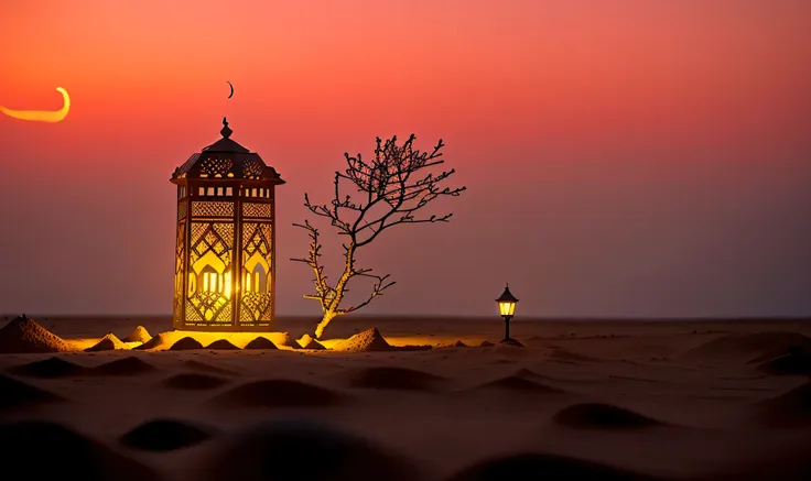 there is a lantern that is sitting on the sand, arabian night, arabian nights, moon and candle, orientalisme, islamic, morrocan ...