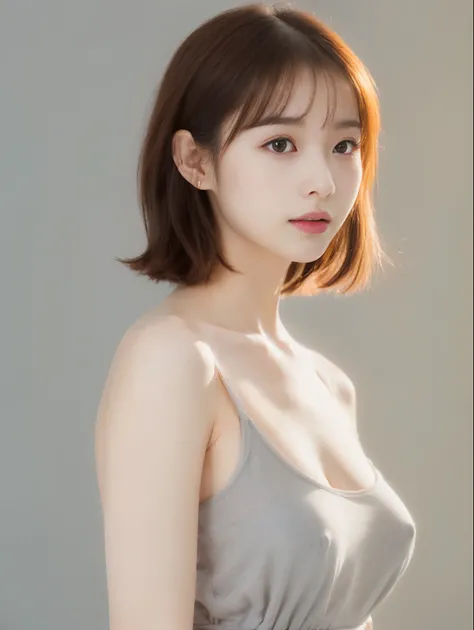 (table top, highest qualityの, highest quality, official art, Beautiful and beautiful girl with small breasts:1.2), (1 girl:1.3), very detailed,(Pale gray background:1.3),colorful,best details、brown hair short bob cut、Beautiful girl wearing a loose tank top...