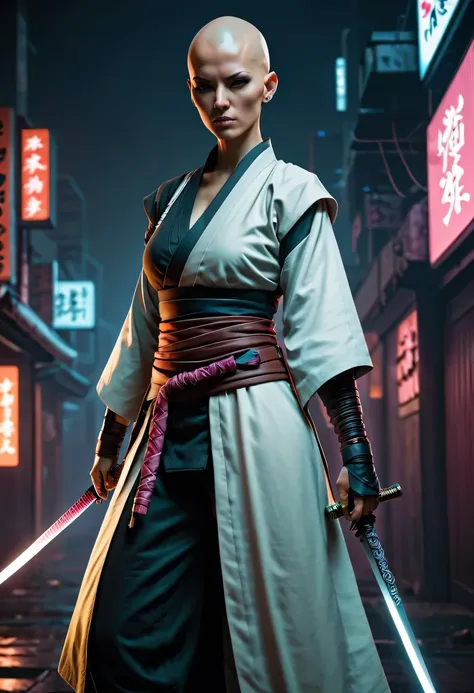 Samurai sword，sh4g0d style cyberpunk female warrior，(bald，monk:1.2),bushido,robe