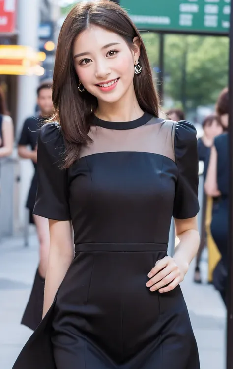 ((best quality, 8k, masterpiece :1.3)), 1 girl, smiling, whole body, face slimming, pretty Woman, (Dark brown hair), full length dress :1.1, Super detailed faces, exquisite eyes, double eyelids, blurred background, face slimming, City, External, street,