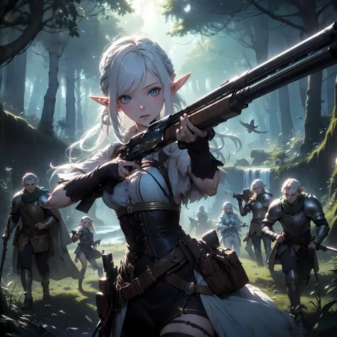 A scene unfolds with an elf girl wielding a shotgun in hand, her white hair and blue eyes shining amidst the mystical forest backdrop. She leads an expedition alongside a group of humans and dwarves, all clad in knight gear, (forest expedition), Dynamic po...