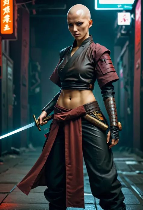 Samurai sword，sh4g0d style cyberpunk female warrior，(bald，monk:1.2),bushido,robe