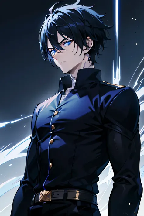 The captivating image showcases an anime or manga character from Manho Solo Leveling, standing tall at 190cm. His imposing height amplifies his regal aura as he dons a black, collared shirt, revealing a hint of his muscular build. His sharp blue eyes gleam...