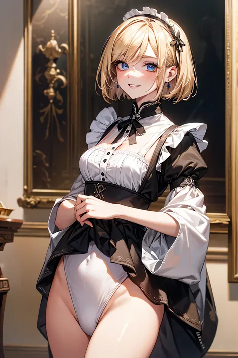 masterpiece, highest resolution, 5000 dpi image, High quality images, One woman, alone, beautiful face, blonde bob cut, red eyeliner, stare, blue eyes, pink lips, wearing earrings, 白と黒のMaid clothes, Maid clothes, masterpiece, HDR, High resolution, highest ...