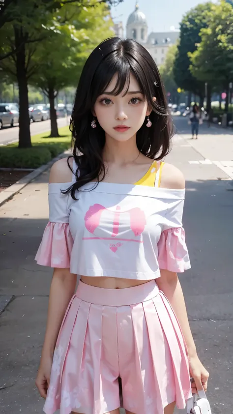 1girl, look at viewer, standing, in park, black hair, hair bang, in the style of pink e and light off shoulder t-shirts with text printed, abs stomach, skirt, dreamy and romantic compositions, white, playful arrangements, fantasy, high contrast, ink stroke...