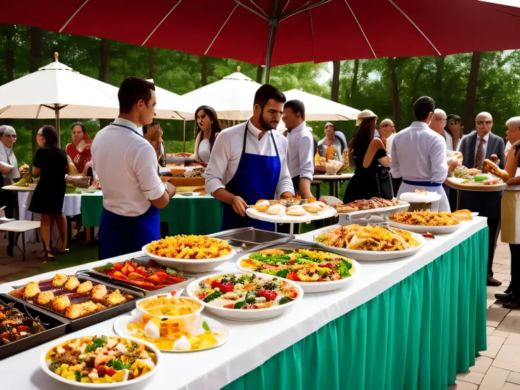 outdoor food catering. several people are serving themselves food from trays on a buffet table, overflowing feast buffet table, offering a plate of food, closeup at the food, the table is full of food, people outside eating meals, delicious food, hot food,...