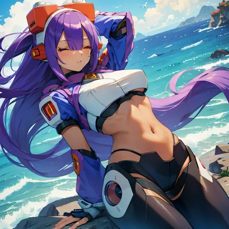 layer_megamanx, 1girl, solo, long hair, purple hair, blunt bangs, hair over eyes, large breasts, dark skin, dark-skinned female,...