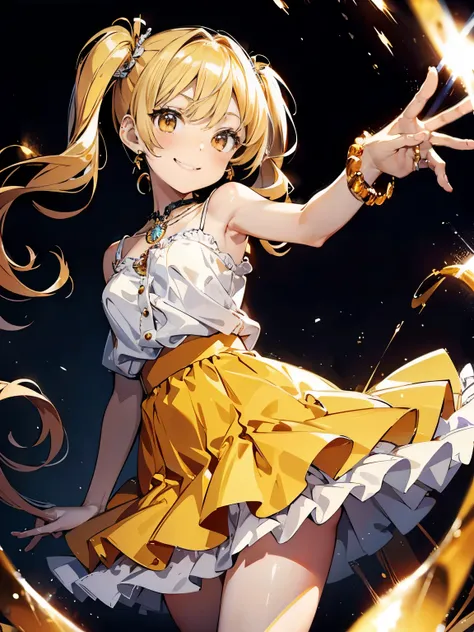 (Masterpiece,best quality,ultra detail), ((a short girl)), (solo), beige low twin tail, (big shiny amber eyes), smiling, bright and shiny lighting, ((jewelry)), official art, (dramatic lighting)