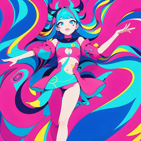 (ultra detailed,ultra high res,detailed background),((2D)),((flat color)),((colorful)),((floating colorful water)),1girl,solo,looking at viewer,BREAK