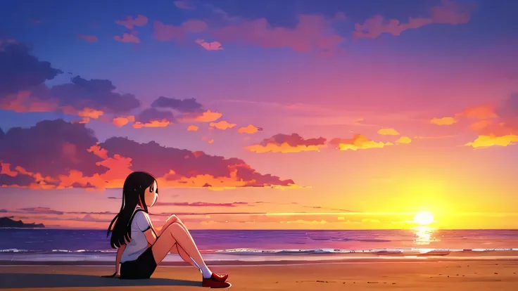 a little girl，black hair，white top，red shoes，Sitting on the beach，The background is the sunset by the seaside，There is an Akita dog next to him，