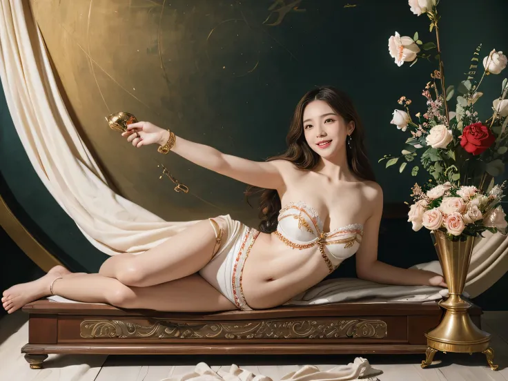 full body portrait or statue、Vigée Leblanc style、math、astronomical machine、astronaut、roses in vase、fruit、Cute trinkets、smile、ancient greek costume、Sandro Botticelli paintings、Costume that stretches your shoulders、A big smile、expression of ecstasy、sexy、beau...