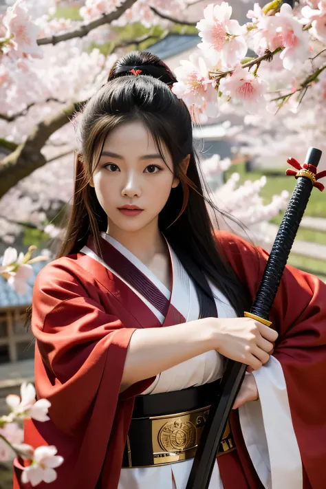 Wearing a red kimono、holding sword、Japanese woman wearing red mask, female warrior, She holds a katana, portrait shooting, Draw her katana, holding sword合影, Inspired by Kanebo, samurai style, japanese samurai, Fox holding a naginata, the red ninja，Under th...